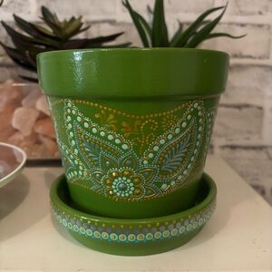 Hand Painted Green Mandala Terracotta Planter with Matching Saucer. Boho Dot Art
